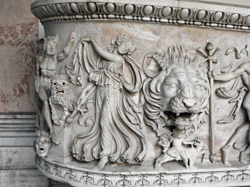 classical-beauty-of-the-past:Roman sarcophagus with Dionysiac procession, 150 AD. Detail of a Maenad