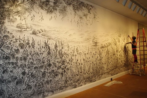 asylum-art:  NYC artist Judith Braun creates enormous symmetrical wall paintings using nothing but black paint and her fingers.