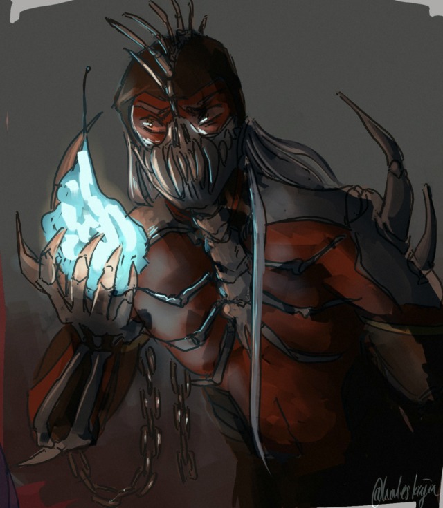 a drawing of evil xisuma holding a magic flame of blue fire in one hand. his armour is red with bone details. the shoulder pads are spiked and there is a bone-mohawk going across his helmet 