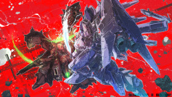 absolutelyapsalus:  THE BATTLE THAT NEVER HAPPENED! Today’s Gundam of the Day is a fearsome clash between the MSN-04II Nightingale and the RX-93-ν2 Hi-ν Gundam. I’d pay to see that animated. ベルチル by れごlith [@koukidou_p] 