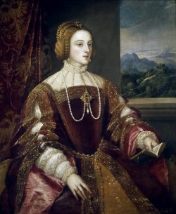 kinzhalova:   The Portrait of Isabella of Portugal by Titian (1548).   The subject is Isabella of Portugal (1503–1539), wife of Charles I of Spain and daughter of King Manuel I of Portugal. Titian painted her after her death, using a mediocre painting