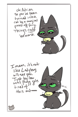 snozzbearart:  so guess who did more kitty noir au (me yes I did uvu) you can find part 1 here! plagg will be so pissed off when he finds out that his payback plan backfiredmeanwhile adrien’s reaction: