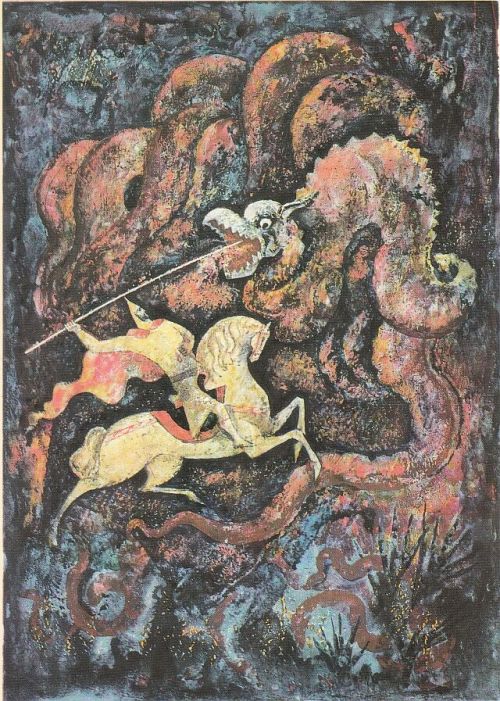 russian-style:  Nikolay Vorobiev - Illustrations to Russian folclore (“Byliny”), 1970th They are drawn in style of Medieval Russian miniatures.