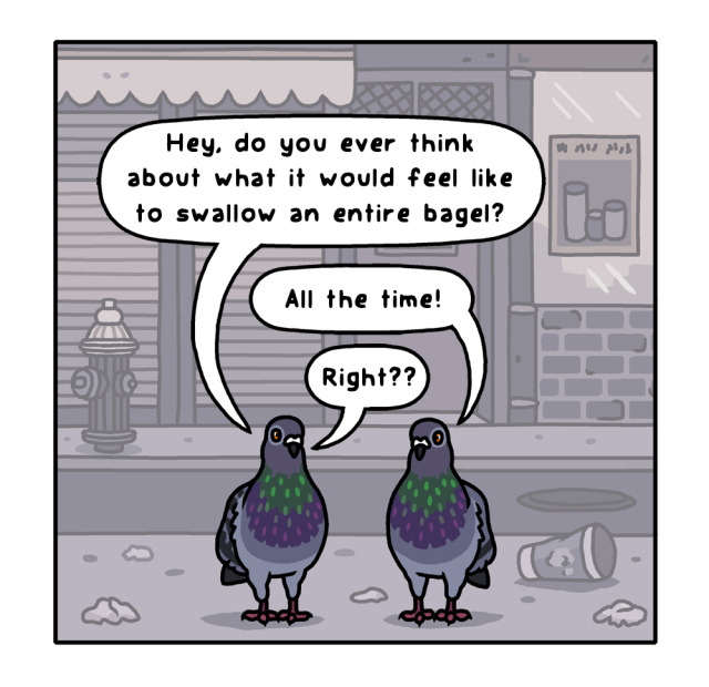 Panel 7: The first pigeon says, "Hey, do you ever think about what it would feel like  to swallow an entire bagel?" The second says, "All the time!" The first says, "Right??"