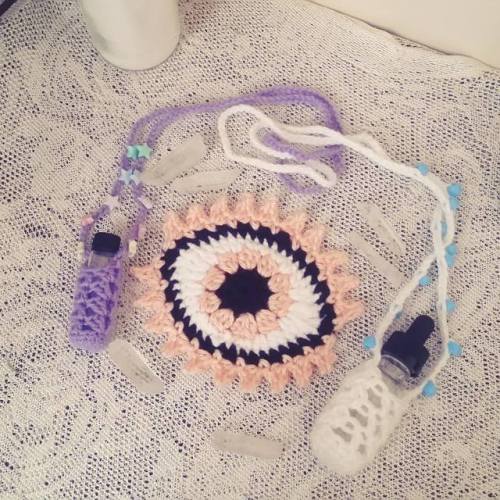 Giving away these 2 Essential Oil Cozies and Third Eye Crochet Patch over on my shop’s Instagr
