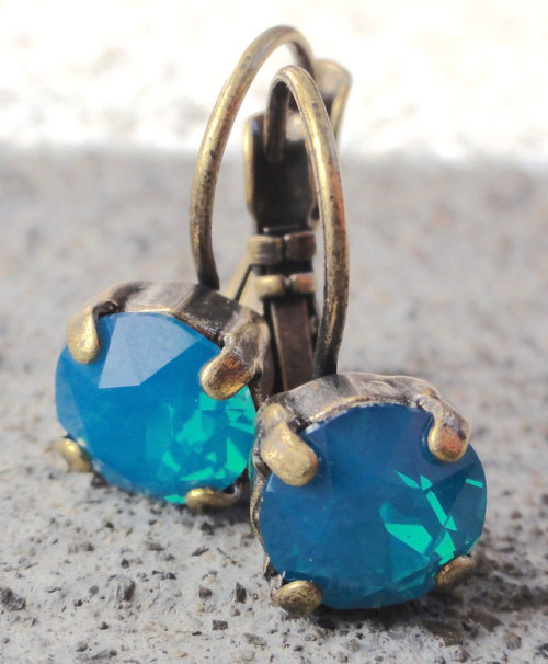 Caribbean Blue Opal Swarovski Crystal Earrings by  GlitterFusion