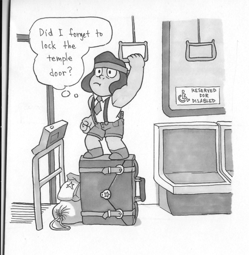 squirrilous:  Ruby on her way to work, for Inktober. Gems! Commuting! They’re just like us! Steven packs their lunches and sometimes Sapphire sneaks in a note for Ruby. Gems don’t need to eat but it’s nice to be reminded how much someone loves you.