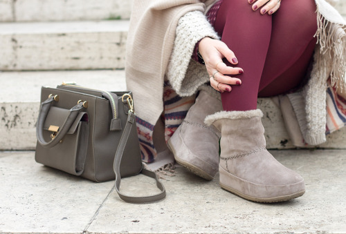 Burgundy tights with wool boots, dress and poncho