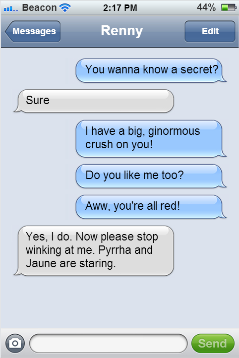 rwby-texting:Anonymous sent: omg can i have one where like ren realizes hes super crushing on nora a