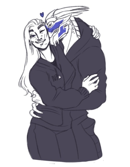 Redraw of the sketch i made a few months ago,,, Garrus can`t really kiss her, but he can nuzzle soft