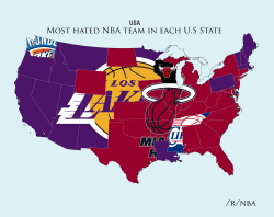 mapsontheweb:  Most hated NBA team in each US state, according to a Reddit survey. Full album: http://imgur.com/a/T5WiH