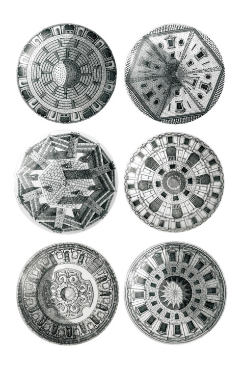 Piero Fornasetti, plates from the series “Cortili” – Courtyards, designed 1954. Italy. Via Domus 