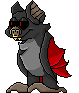 Pixel art of an anthropomorphic vampire bat. She has dark grey fur and bright red wings. Her eyes are black with red pupils, and she has a gold nose ring. She’s smiling with a relaxed expression.