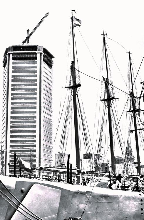 Inner Harbor, Baltimore, circa 1975. The photo was taken just as the Inner Harbor redevelopment was 