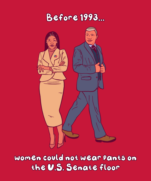 Digital illustration of a woman senator in a blazer and skirt. Behind her walks a man in a blue suit. Text reads, ‘Before 1993, women could not wear pants on the senate floor’