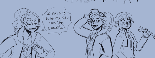 [image description: sketchy comics of a one piece taz AU. 1. Nami gestures Luffy and Zoro over in a 