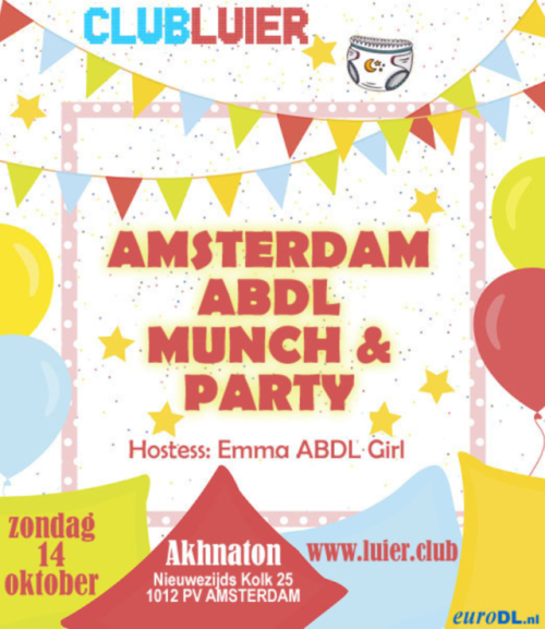   Come to the Club Luier ABDL party in Amsterdam :-)Club Luier is a super cosy lovely party for everyone interested in AB, DL and age play in general. Fun times! It’s easy to reach: only 5 minutes walking from Amsterdam Central Station.Check the website.