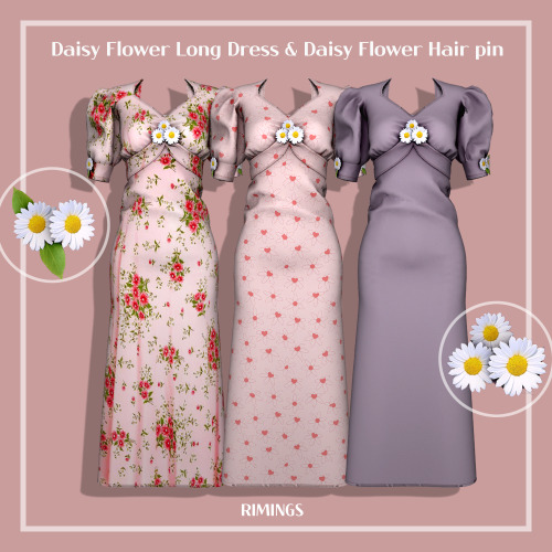 [RIMINGS] Daisy Flower Long Dress &amp; Daisy Flower Hair pin - DRESS / HAT- NEW MESH- ALL LODS- NOR