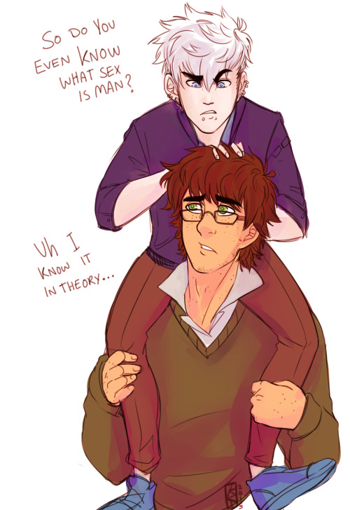 kit-replica:  Some PN!au doodles that I quickly slapped some colours onto. Midgety punk Jack likes to bully his beanstalk of a nerd. Also, Hiccup is a virgin so he has no concept of what sex is like (he might even be asexual??? but he likes kissing and