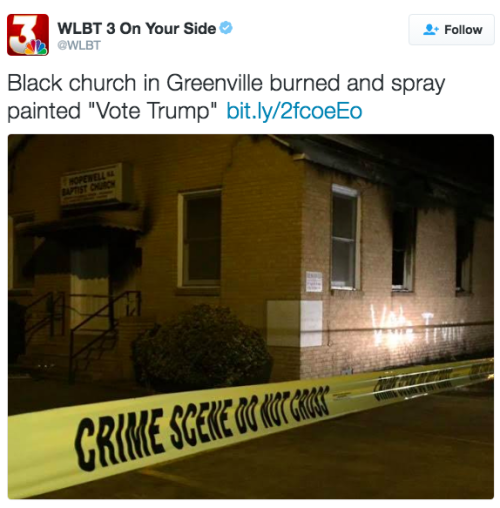 the-movemnt: A black church was set on fire and tagged with the words “Vote Trump” 