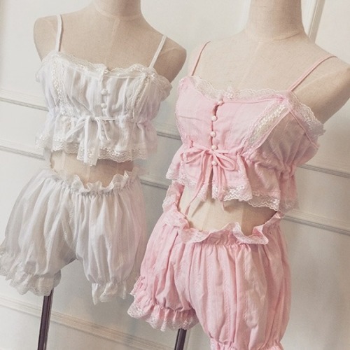 coquettefashion:  White Or Pink Lace Button Cotton Cami & Bloomers