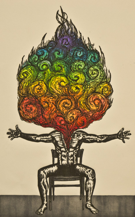 kvsinger:  Exodus of the Vessel-redux.  This is a two color linoleum print, with watercolor on top. I arrange the colors of the soul to match with that of the chakras 
