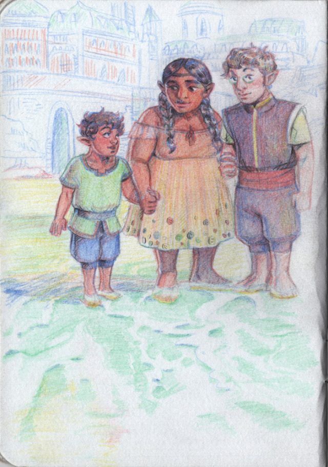 A colour pencil drawing of (from left to right) Luc, Veth and Yeza Brenatto from Critical Role. They are standing at the beach, with Nicodranas in the background. Luc and Yeza are holding Veth by the hand, while they all stand, bare-feet, in shallow water. Veth glances at her son, who returns her nervous smile with a happy confident one. Yeza seems to have spotted something in the water. Veth wears a dress that fades from orange at the top, to yellow at the bottom, with multi-coloured and differentely sized buttons attached decoratively at the bottom. Luc wears a green tunic with blue puffy trousers, and yeza purple tunic and puffy trousers, with a yellow shirt underneath.