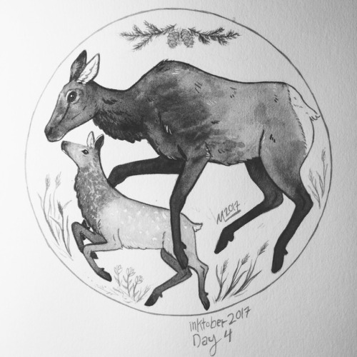 a somewhat stylized elk and her calf (brush & india ink, inktober 2017)