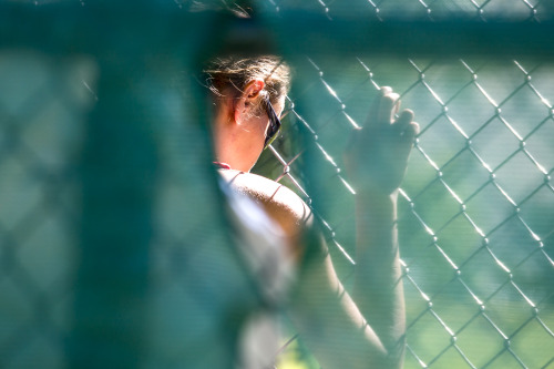 A young softball player clings to the dugout fence, watching her team compete in the Little League W