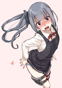 艦隊これくしょん、霞（艦これ）、akasaai、❤、パンツ、リボン、ヘアリボン、ロングヘア、ブルーパンツ、サイドポニーテール、ジャンパースカート、一人、下着、太ももストラップ、女一人、学校制服、パンツ引っ張り、恥ずかしい、改造後（艦これ）、涙、灰色の髪、茶色の瞳、赤面、開口、髪飾り