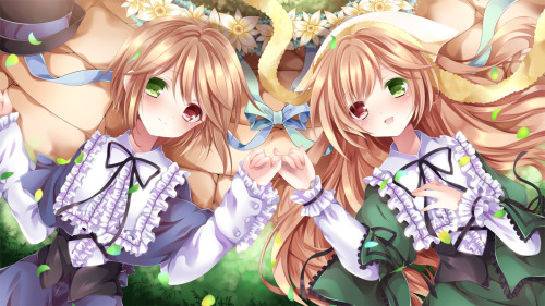 2girls bicolored eyes blush bow brown hair flowers hat long hair nogi takayoshi ribbons rozen maiden