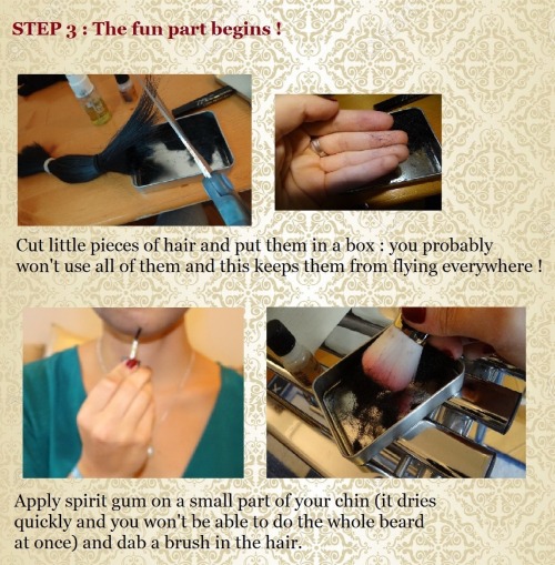 daisencosplay:  A lot of people asked me about my Godot beard, so here’s a full tutorial ! :DRemember to moisturize your face after removing your beard, spirit gum can be hard on sensitive skin~ 