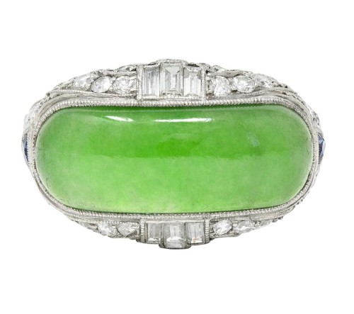 Art Deco jadeite, sapphire, diamond, and platinum ring, c. 1930s (at Wilson Estate Jewelry)