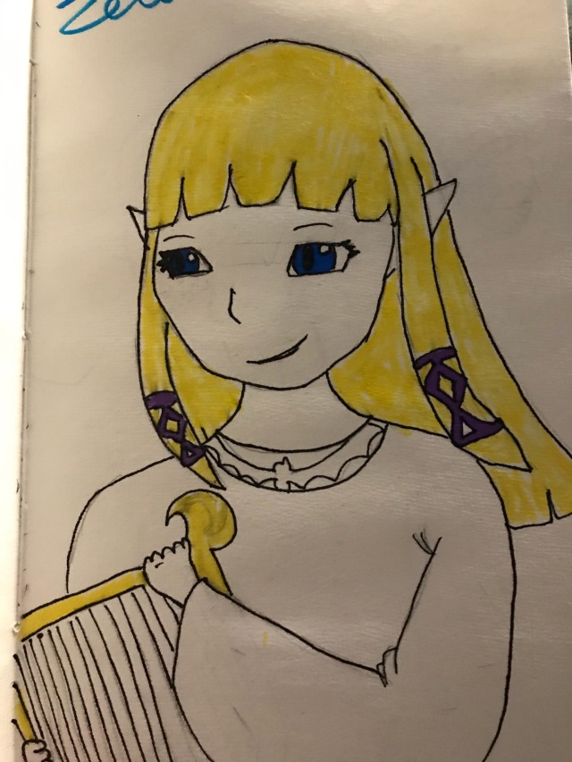 an old drawing of mine of skyward sword zelda from 2013. it was made with sharpie in a journal. the quality is pretty low & is very clearly an amateur's work!