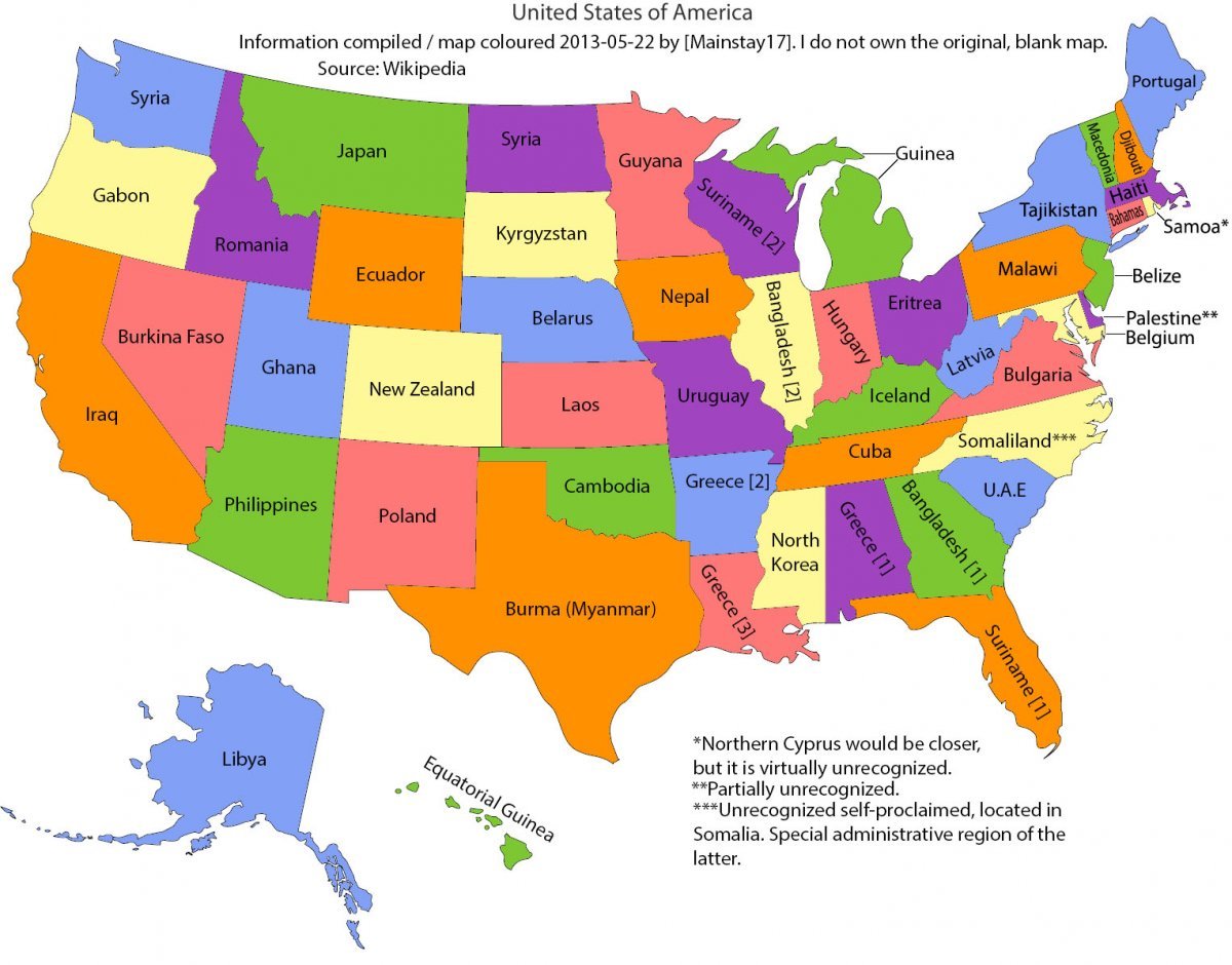 US states labeled with similarly sized countries.