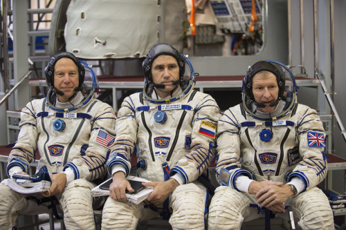 Final training session before launch for the crew of TMA-19M - Tim Kopra, Yuri Malenchenko, Tim Peak