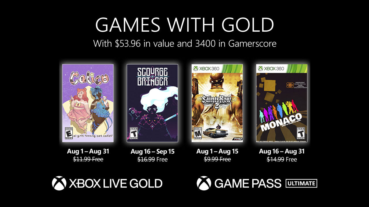 Xbox, Games with Gold, August 2022, Calico, ScourgeBringer, Saint’s Row 2, Monaco: What’s Yours is Mine, NoobFeed