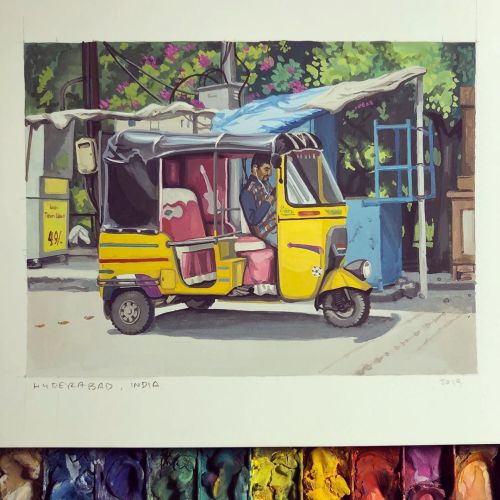 From a recent work trip to India. #hyderabad #gouache #tuktuk #autorickshaw #india #travelsketchbook