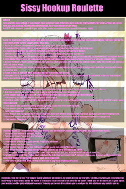 rollnfap:Dreaming&gt; I made a roulette for all of you sissy sluts that are ready to take the plunge and fuck a real man. If anyone has trouble reading the text, I can try to make it easier to read. I plan to make more roulettes, so let me know what kind