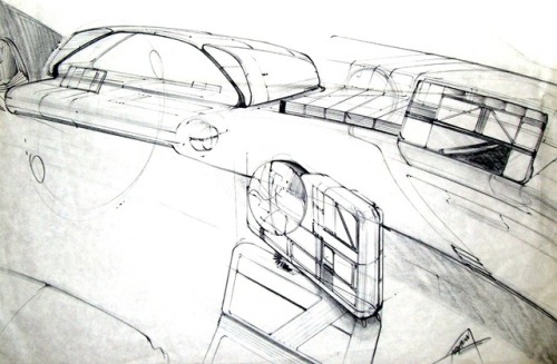 DeLorean designs for Back to the Future, I and II. Art by Ron Cobb (3 and 5) and Tim Flattery. 