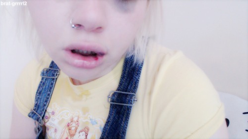 littlemissperverse:  brat-grrrrl2:  split lip, black eye, cum on my disney tee, good girl  dreamy baby