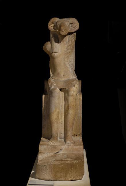 grandegyptianmuseum: Statue of Khnum Seated statue of the Ram-headed god Khnum (quartzite), he was t