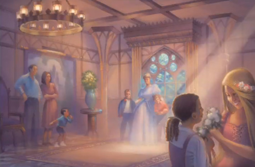 alwaysdisneybound:doormousewhispers:Concept Art for Princess Fairytale Hall. Photos from oldest to n