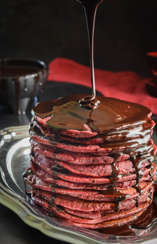 chocolateguru:All-Natural Red Velvet Pancakes with Dark Chocolate Mocha Syrupi could