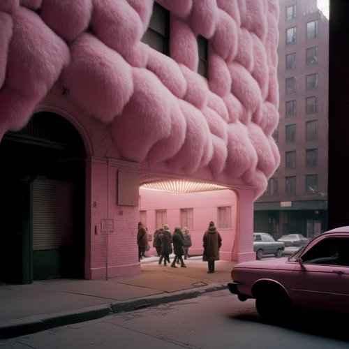 mythmother:by andrés reisinger‘take over’ reimagines major cities with fluffy, flossy, and fancy pink drapes