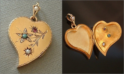 15ct GOLD Antique Georgian WITCHES Heart LOCKET Turquoise, Ruby, Seed Pearl Witch&rsquo;s Heart Pend