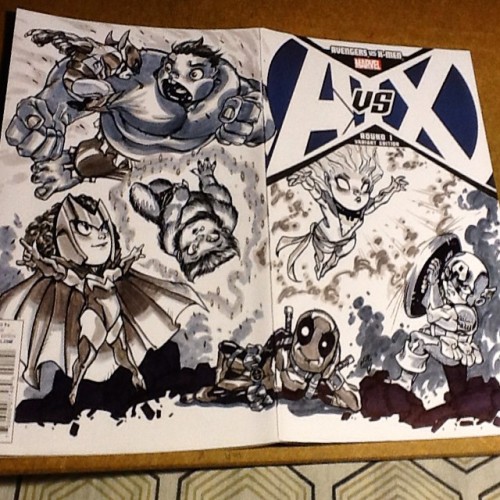 theartofdanielcampos:  Cutesy AvsX kids sketch cover done!  #avsx #avengers #xmen #beast #captainamerica #deadpool #hulk #phoenix #scarletwitch #wolverine #art #blankcover #comicbook #elpasoartist #ink #marvel #prismacolor #marker