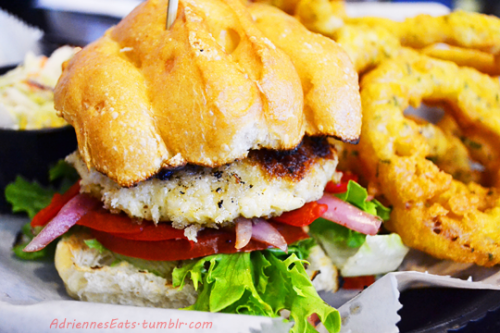 Crab Cake Sandwich with Onion Rings from Lola’s Seafood Eatery in Stuart, FL