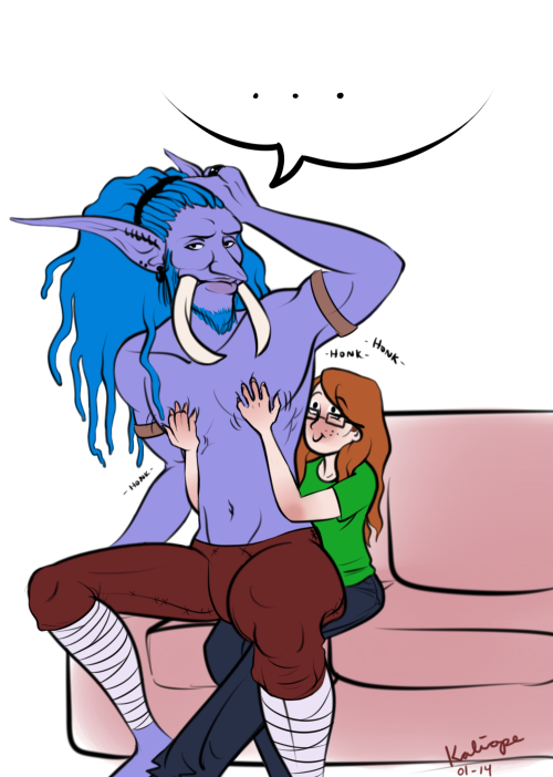 wethatkindoforc:  seekerkaliope:  If you don’t think I won’t grope my own characters if given the chance you are sorely mistaken. Jumping on the Trolls-sitting-on-their-creator’s-lap bandwagon with Rahkir.   This will never stop being delightful