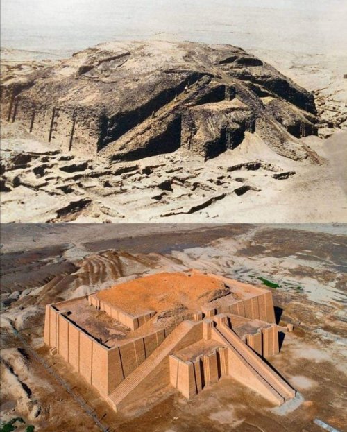barbariankingdom:  Photos of before and after the excavation and restoration of the Great Ziggurat of Ur in Iraq. It was built approximately 4,100 years ago by King Ur-Nammu of the Neo-Sumerian Empire.